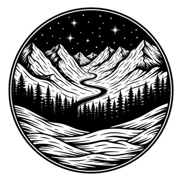 Mountain landscape with winding river and starry night sky illustration.
