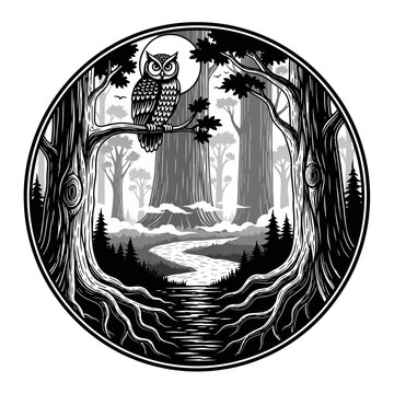 Owl perched in mystical forest illustration.