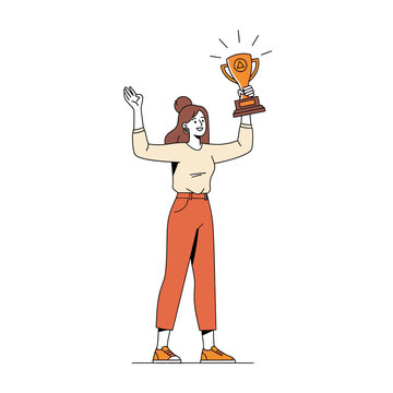 Woman holding trophy with arms raised in celebration.