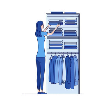 Woman organizing clothes in a modern wardrobe.