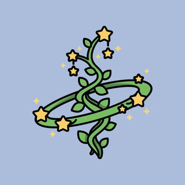 Whimsical green vine with glowing yellow stars illustration.