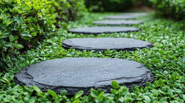 Stone path winds through a lush green garden with verdant foliage and stepping stones