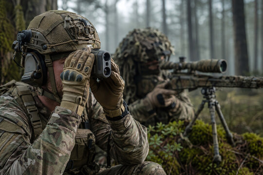 Military sniper and spotter team in camouflage uniforms performing reconnaissance in a foggy forest with sniper rifle, spotting scope, and professional tactical equipment.
