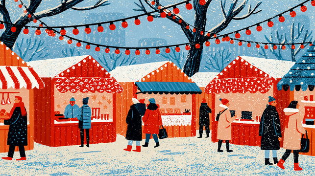 Retro risograph winter holiday market with lit stalls / vintage poster
