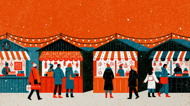 Retro risograph winter holiday market with lit stalls / vintage poster
