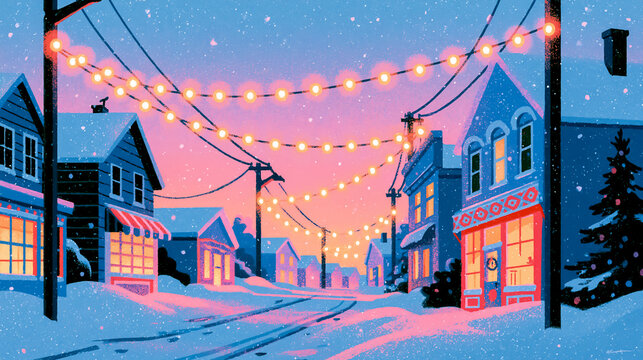 Retro risograph snowy town street glowing with holiday lights / vintage poster

