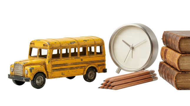 Miniature yellow school bus toy beside analog clock plus wooden pencils and stack books representing academic schedule studio shot
