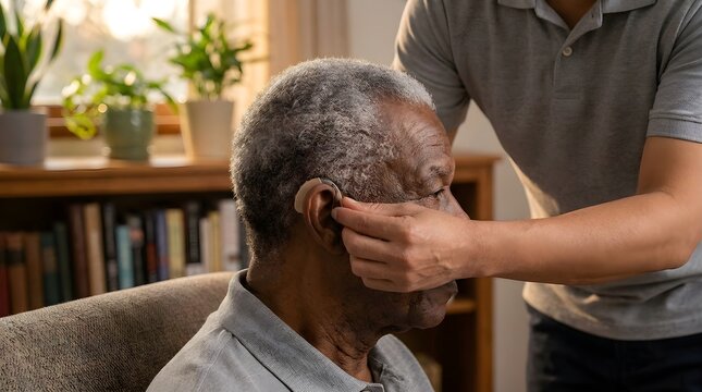 Professional Caregiver Adjusting Hearing Aid for Senior African American Man at Home