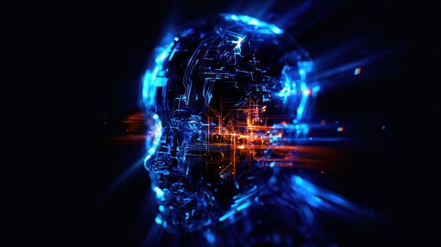 A futuristic, glowing, metallic human head with blue and orange lights, set against a dark background with a glowing, blurred, abstract pattern.