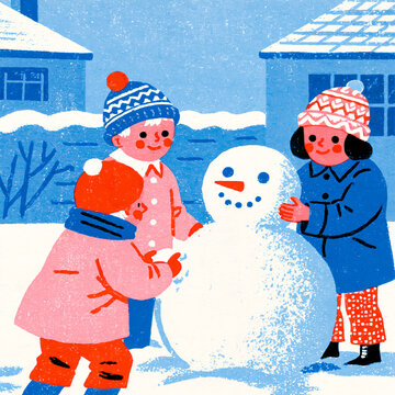 Retro risograph children building a snowman outdoors / vintage holiday print


