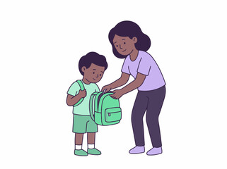 Fototapeta premium Mother helping son with backpack flat vector illustration for school preparation and morning routine concept isolated on white background