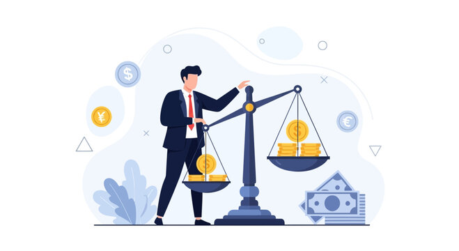 Businessman weighing money on a balance scale, concept of financial balance, investment, and economic value