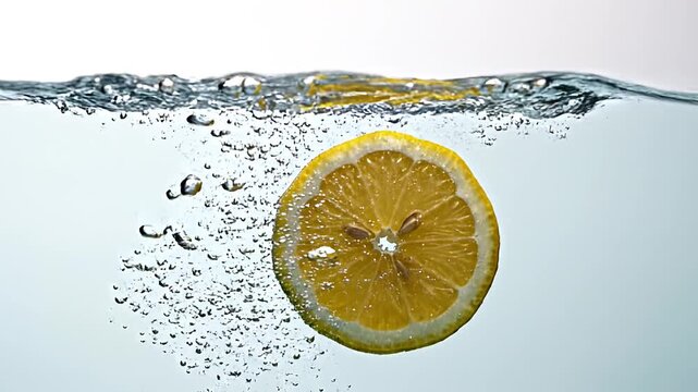 A fresh lemon slice submerged in sparkling water with bubbles rising to the surface.
