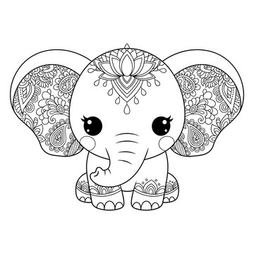 Cute baby elephant with intricate mandala patterns, perfect for coloring books and stress relief. Adorable animal illustration for children and adults to enjoy.