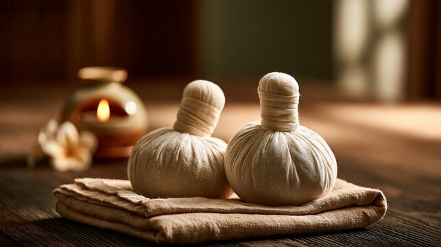 Traditional herbal compress balls on massage table luxury spa