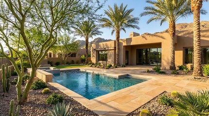 Fototapeta premium Beautiful luxury home with a swimming pool in a sunny desert garden setting with tall palm trees. arizona yard