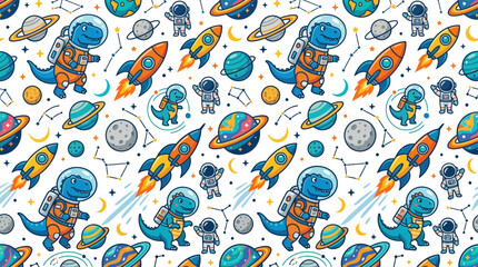 Naklejka premium Cute dinosaur astronaut pattern