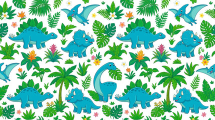 Cute Dinosaur Pattern with Tropical Plants © Brownis