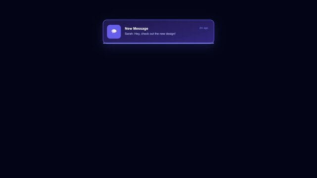 Digital notification pop-up alert with new message text on dark animation 4k background
