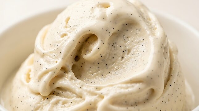Close-up macro shot of creamy vanilla bean ice cream swirls speckled with natural seeds