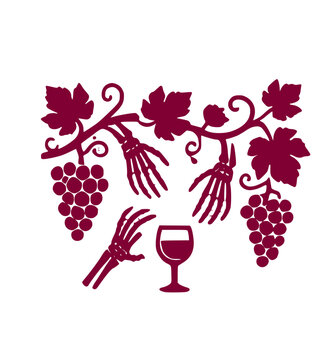 Dark red silhouette mashup icon featuring spooky Halloween skeleton hands reaching for a wine glass under a grapevine vector graphic design element art
