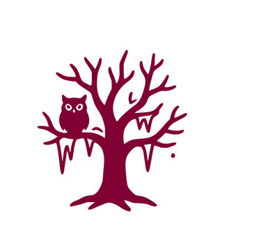 Dark red silhouette mashup icon featuring a spooky bare Halloween tree with an owl and winter icicles vector graphic design element for creepy holiday art