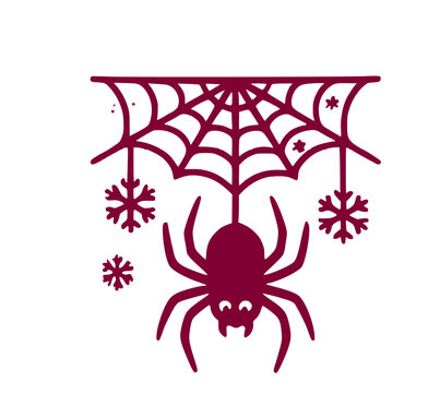 Dark red silhouette mashup icon featuring a creepy Halloween spider on a web surrounded by winter snowflakes vector graphic design element for spooky art