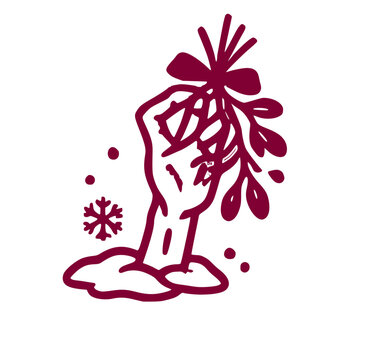 Dark red silhouette mashup icon featuring a spooky zombie hand rising from snow holding festive mistletoe vector graphic design element for holiday art