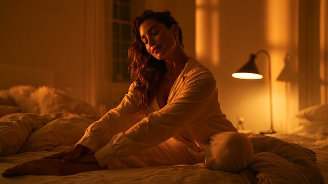 Woman practicing gentle stretching on bed cozy evening bedroom