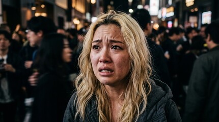 Fototapeta premium Anxious blonde woman crying in a dense city crowd at night looking overwhelmed and emotionally distressed while standing in a busy urban environment