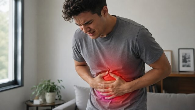 Person suffering from severe abdominal pain or stomach ache, highlighted with red glow