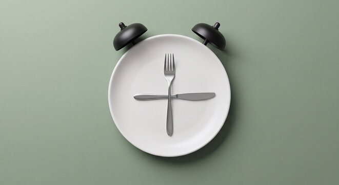 Intermittent fasting and meal scheduling concept featuring an empty plate styled as an alarm clock with fork and knife on sage green background
