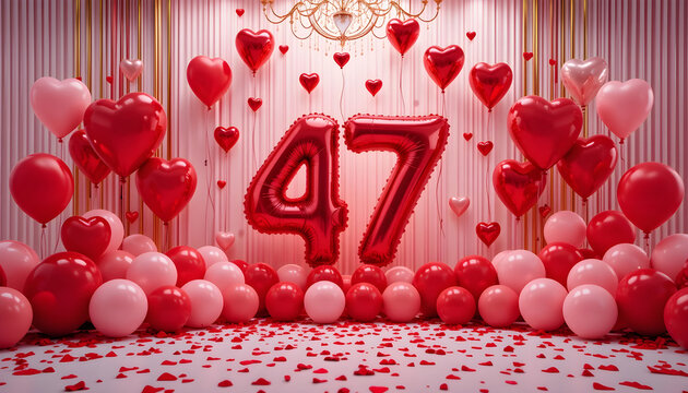 47th birthday bash with pink and red heart balloons and scattered confetti on floor.
