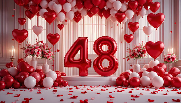 48th birthday celebration with red and white heart balloons and confetti on floor.