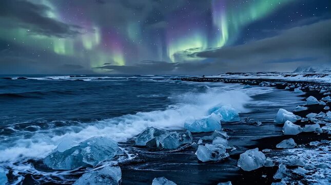 Aurora borealis lights dancing over dark ocean waves crashing onto arctic volcanic black sand beach with glowing ice motion footage