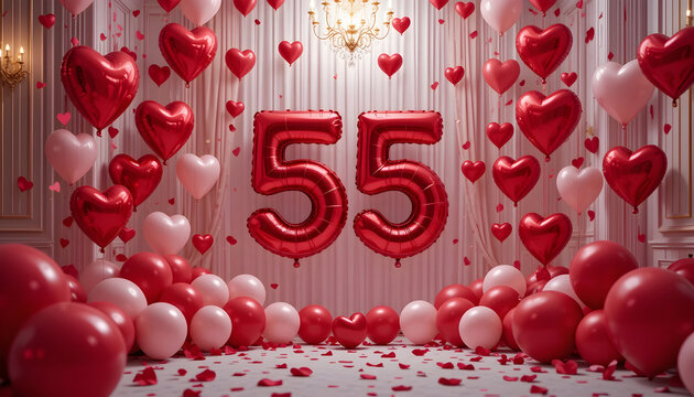 Number fifty five foil balloons with red heart balloons for wedding anniversary celebration.