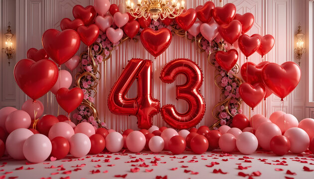 Red balloon forty three number with heart shaped balloons and roses for anniversary celebration.