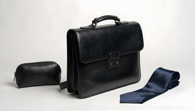 Black leather briefcase with matching pouch and blue necktie on white background