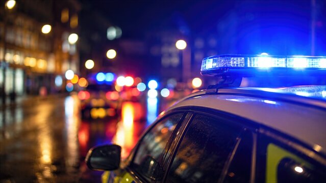 Police Car With Flashing Blue Emergency Lights on Wet City Street at Night in Rain