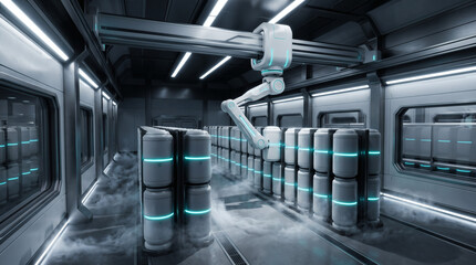 Fototapeta premium Futuristic 3D render of an overhead gantry robotic arm managing high-capacity cryogenic storage cylinders in an automated vault.