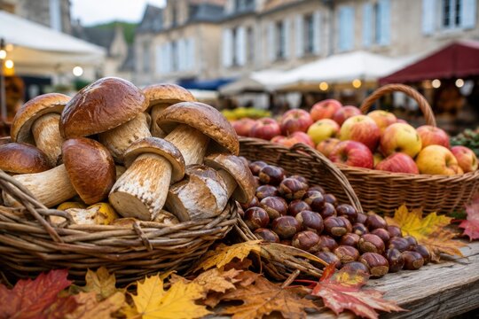  &Eacute;tal de march&eacute; en plein air en automne avec des paniers de c&egrave;pes frais, des ch&acirc;taignes et des pommes bio dans un village typique fran&ccedil;ais