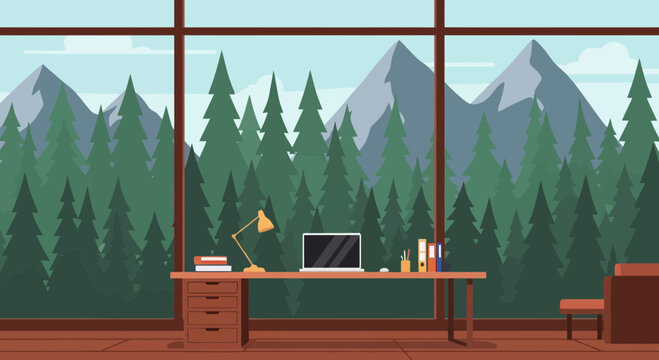 Modern office workspace with large window overlooking mountain forest