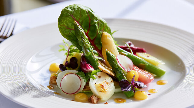 Fresh gourmet salad plating, showcasing green and white asparagus, sliced radishes, eggs, and microgreens with dressing