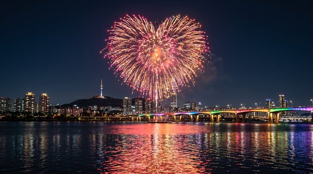 Seoul Fireworks Above Han River and N Seoul Tower