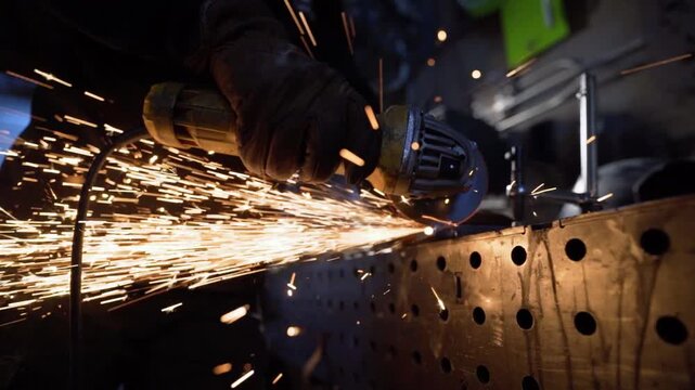 Metalworker Cutting Steel with Angle Grinder as Sparks Fly in Industrial Workshop