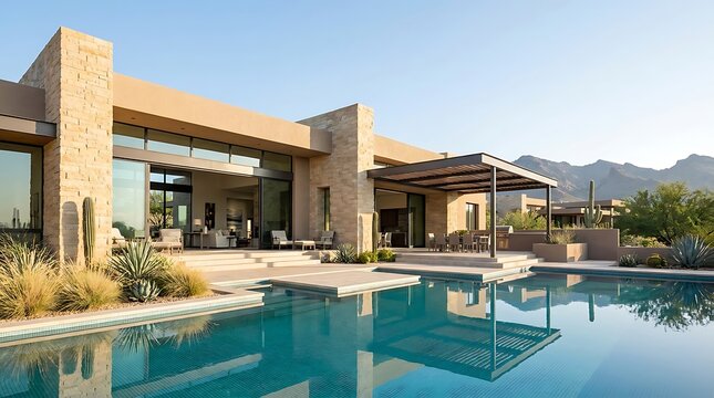 Modern luxury house with swimming pool and desert mountain landscape in the background. arizona modern home