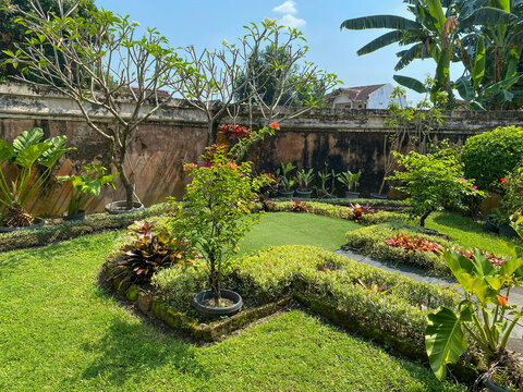 Beautifully designed tropical garden with a neat circular artificial turf lawn, a stone pathway, diverse potted plants, colorful bromeliads, and two frangipani trees against an old, weathered wall.