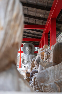 Emaciated Gautama Buddha statue practicing asceticism in a Japanese temple