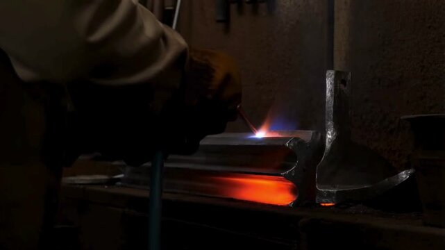 A dramatic, high-contrast moment during the welding process. A gloved hand holds a welding tool that emits a blindingly bright, bluish-white arc of light while working on a metal object.