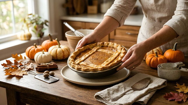 Woman preparing a homemade pumpkin pie in a rustic cozy kitchen with autumn decorations homemade thanksgiving holidays ingredients celebration preparation cinnamon delicious